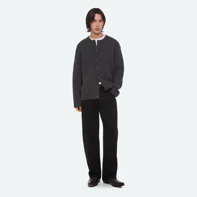 Helmut Lang Ribbed Crewneck Rustic Wool Cardigan In Black