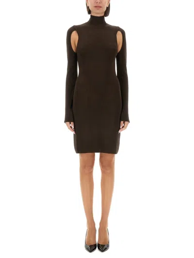 Helmut Lang Ribbed Turtleneck Mini Dress In Brown