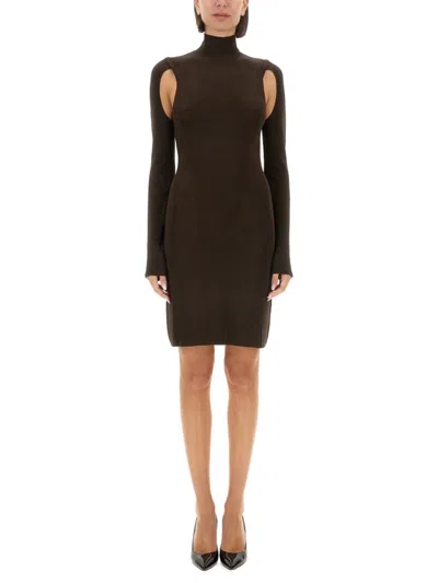 Helmut Lang Ribbed Turtleneck Mini Dress In Brown