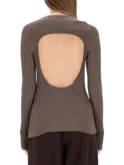 Helmut Lang Ribbed Wool Open Back Blouse In Brown