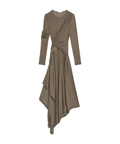 Helmut Lang Protection Draped Asymmetric Long Sleeve Dress In Olive