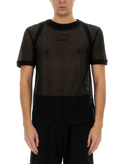 HELMUT LANG SEMI-TRANSPARENT MESH T-SHIRT WITH GRAPHIC PRINT