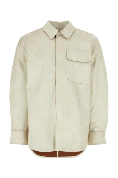 Helmut Lang Italian Collar Leather Shirt In Beige