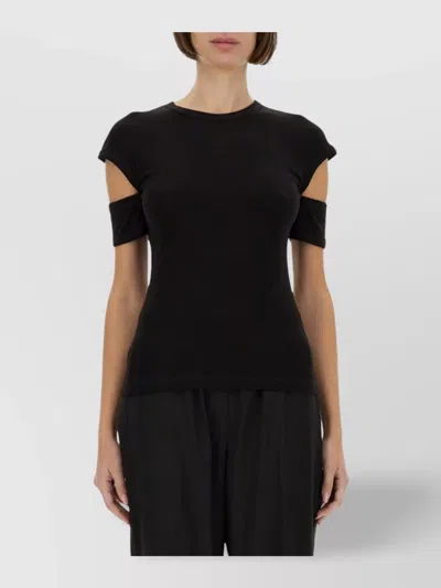 Helmut Lang Slashed Shrunken Cap Sleeve Crew Neck T-shirt In Black