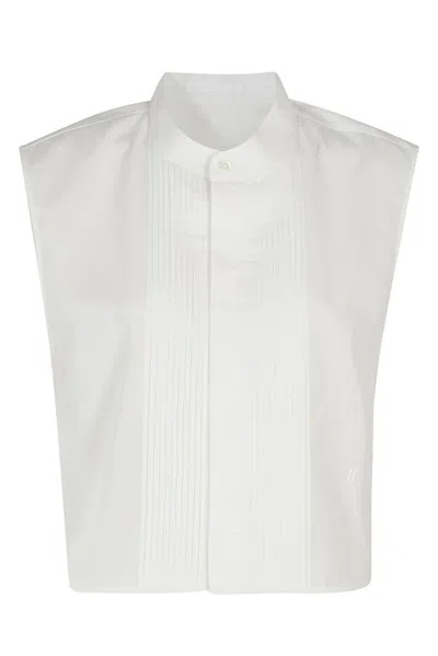 Helmut Lang Sleeveless Pleated Tuxedo Shirt In White