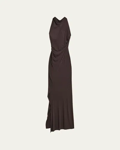 Helmut Lang Wind Ruched Jersey Maxi Dress In Brown