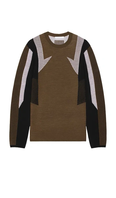 Helmut Lang Sport Mesh Inset Merino Wool Crewneck Sweater In Brown