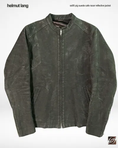 Pre-owned Helmut Lang Ss95 Pig Suede Cafe Racer Reflective Sleeve Jacket In Black