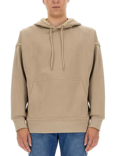 Helmut Lang Embroidered Logo Hooded Sweatshirt In Beige