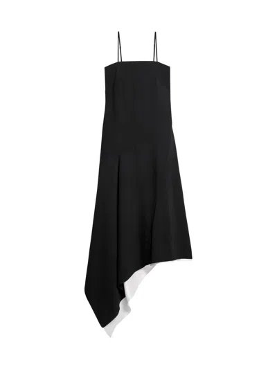 Helmut Lang Asymmetric Scarf Hem Virgin Wool Dress In Black