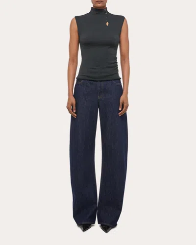 Helmut Lang Women's Wool Sleeveless Button Mock Neck Top In Blue