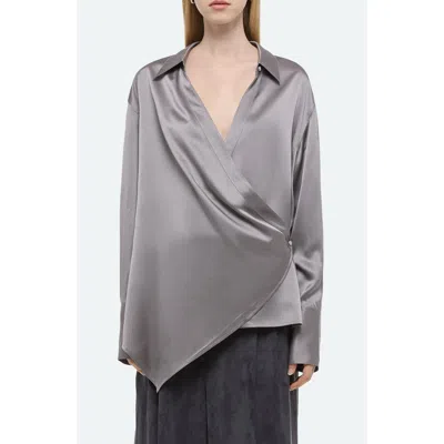 Helmut Lang Wrap Front Silk Shirt In Steel