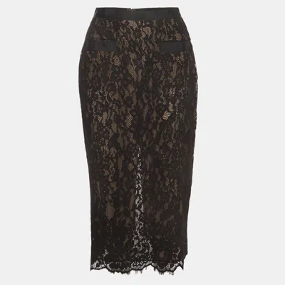 Pre-owned Helsa Black Floral Lace High Waist Midi Skirt M