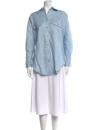 Pre-owned Helsa Linen Long Sleeve Button-up Top In Blue