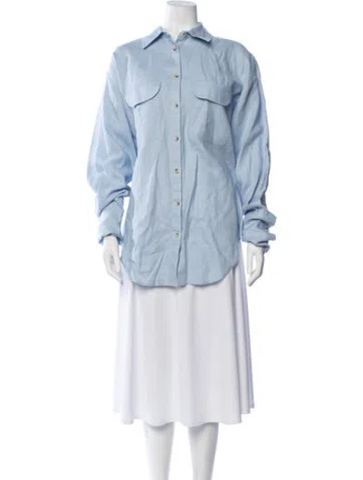 Pre-owned Helsa Linen Long Sleeve Button-up Top In Blue