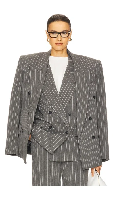 Helsa Pinstripe Double Breasted Blazer In Grey & White Stripe