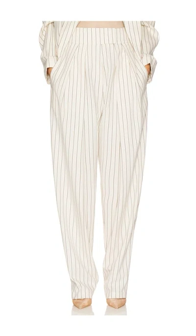 Helsa Pinstripe High Waist Pleated Suit Trouser In Ivory & Brown Stripe
