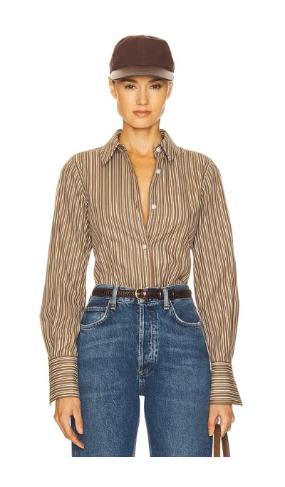 Helsa Pinstripe Poplin Fitted Shirt In Brown & Cream Stripe