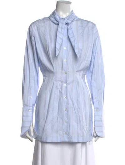 Pre-owned Helsa Striped Tie Neck Button-up Top In Blue