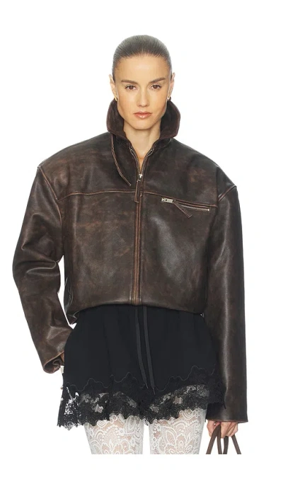 Helsa The Leather Oversized Moto Jacket In Brown
