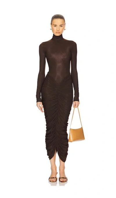 Helsa The Super Sheer Ruched Dress In Cocoa Brown