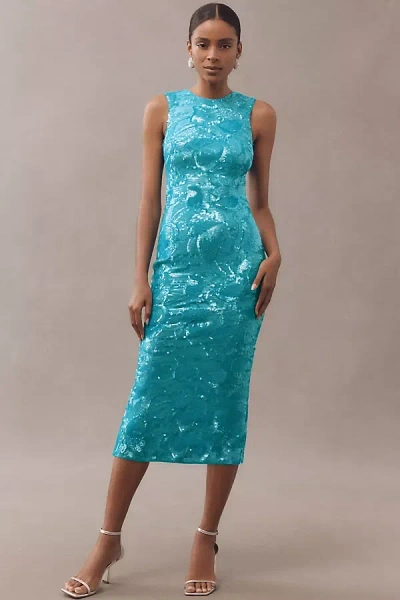 Helsi Alex Sleeveless High-neck Floral Sequin Slim Midi Dress In Blue