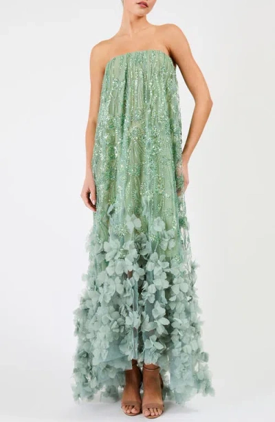 Helsi Alice Strapless 3d Floral Sequin High Low Gown In Green