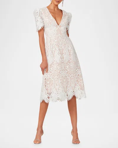 Helsi Ava Embroidered Puff-sleeve Midi Dress In White