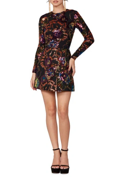 Helsi Avery Sequin Open Back Long Sleeve Cocktail Minidress In Amber Floral