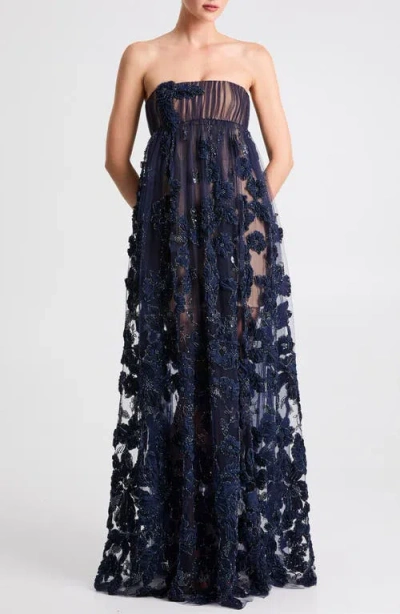 Helsi Beatrice Strapless 3d Embellished Floral Sheer Gown In Blue