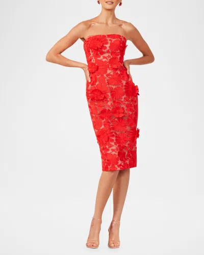 Helsi Cecilia Strapless Lace-up Floral Applique Dress In Poppy