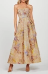 Helsi Celine Appliqué Strapless Cocktail Dress In Gold Watercolor