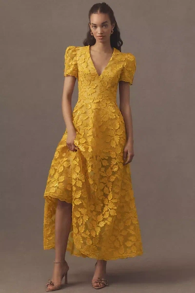 Helsi Clara Puff-sleeve Appliqué A-line Maxi Dress In Yellow