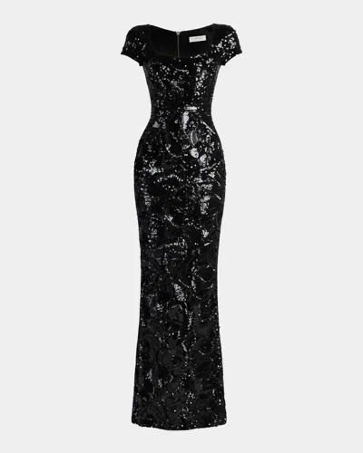 Helsi Danny Floral Sequin Column Gown In Black