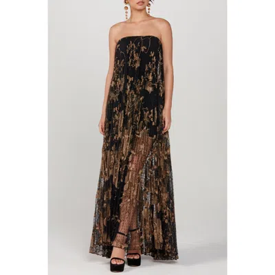 Helsi Delphanie Metallic Floral Strapless Pleated Gown In Multi