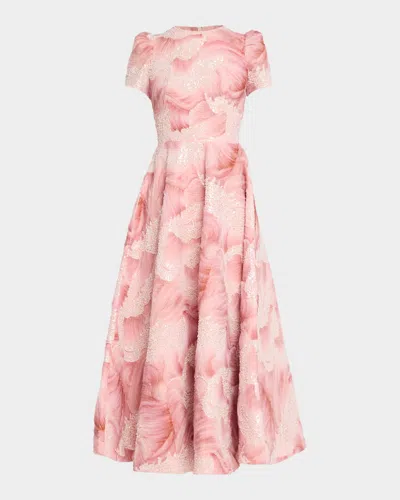 Helsi Eleanor Puff-sleeve Fit & Flare Floral Gown In Rose Pink