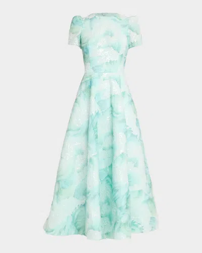 Helsi Eleanor Puff-sleeve Fit & Flare Floral Gown In Seafoam