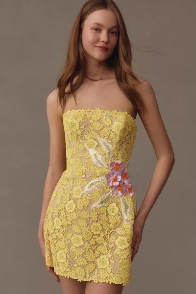 Helsi Elena Strapless 3d Floral Structured Lace Mini Dress In Yellow