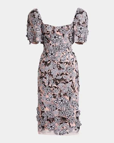 Helsi Exclusive Lucia Embroidered Puff-sleeve Midi Dress In Black White Floral