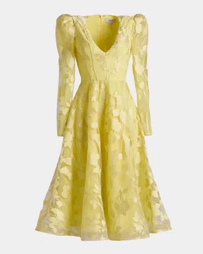 Helsi Exclusive Parker Embroidered Puff-sleeve Midi Dress In Soft Yellow
