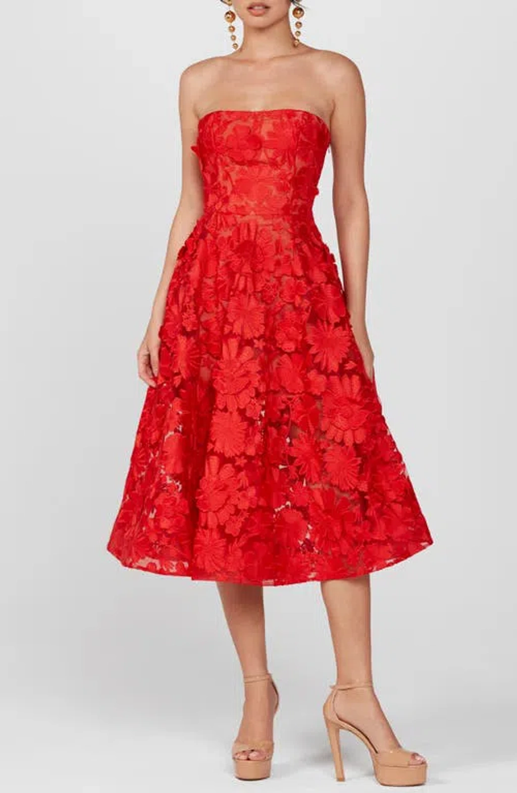 Helsi Florence Floral Appliqu Strapless Midi Dress In Poppy | ModeSens