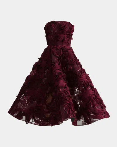Helsi Florence Strapless Beaded Floral Mesh Gown In Burgundy