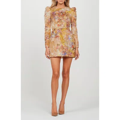 Helsi Irina Appliqué Long Sleeve Cocktail Minidress In Gold Watercolor