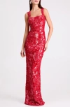 Helsi Iris Floral Sequin Gown In Red