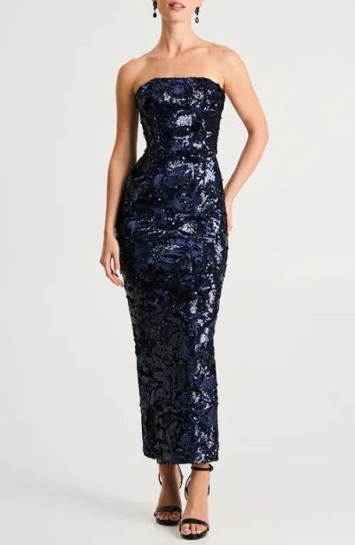 Helsi Leslie Pattern Sequin Strapless Gown In Blue