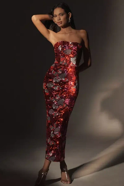 HELSI LESLIE STRAPLESS SEQUIN SHEATH MIDI DRESS