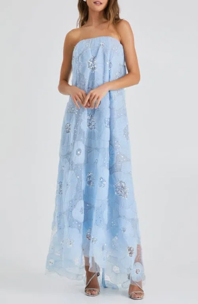 Helsi Margot Bead & Appliqué Strapless Mesh Gown In Blue