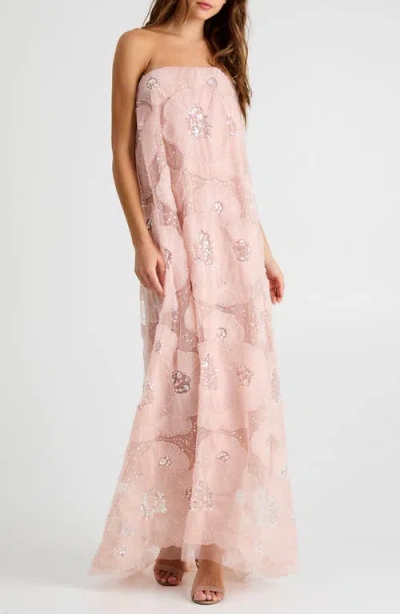 Helsi Margot Bead & Appliqué Strapless Mesh Gown In Pink