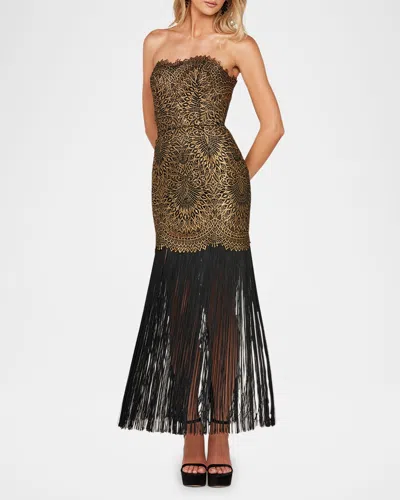 Helsi Naomi Strapless Metallic Fringe Gown In Brushed Goldblack