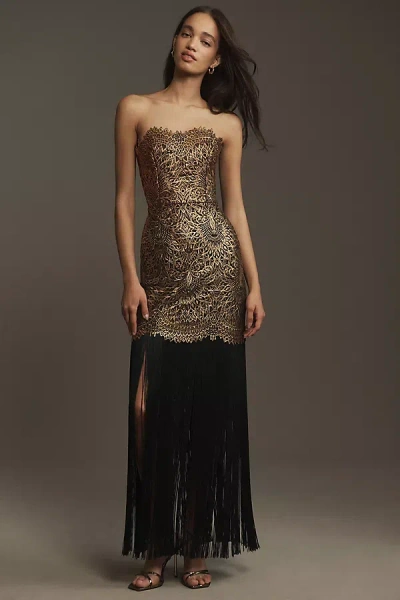 Helsi Naomi Strapless Metallic Fringe Gown In Gold